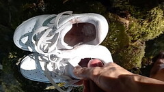 Twink jerks off his cock, squirts cum in dirty smelly shoes, into white sneakers, Nike Air Force One AF1, it'_s a porn video for gay feet foot fetish lovers Thumb