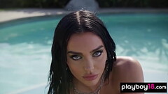 Big boobed brunette naked babe Kaitlynn Anderson posing in the pool outdoor Thumb