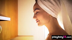 Skinny latina babe Sarah Mollica flashes her small tits and takes a shower Thumb