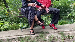 Hot MILF jerks off a big dick into a glass in the park on a bench Thumb