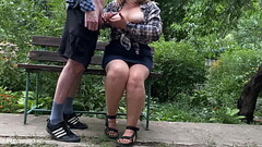 Big cock cumshot on her tits in the park on a bench Thumb