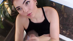 18yo thick thighed teen Aries Ackerman milks big black dick poolside for some interracial cum on her big perky titties with pink nipples Thumb