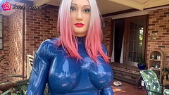 Wearing Royal Blue Latex Catsuit for the first time Thumb