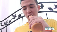 Skinny Brunette Boy Xander Bangs A Dildo And Rubs His Big Hard Cock! Thumb