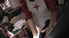 Rubbernurse Agnes - clinic red nurse dress, white apron, black fellatio mask, Part 2: handjob, deep ass dildo pegging, cum Thumb