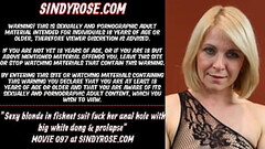 Sexy blonde in fishnet suit fuck her anal hole with big white dong &amp_ prolapse Thumb