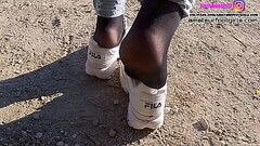 Nylon feet Pretty Sexy Fila Disruptor Shoeplay Nylon feet and Crush Trample girl plays with her sweaty Fila sneakers and shows her stinky wet nylons sweaty, stinky Fila Thumb