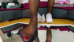 Girl me sweaty Feet on the mirror sweaty footprints on the insoles, tramples on you really sweaty wet, she wore her nylons for 5 days in these shoes and she shows you how stinky sweaty the nylons are Thumb